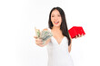 © Png - Video - Photo - Portrait of young cheerful sexy asian woman happy holding happy holding a purse and wallet in hand, winner successful in business bankruptcy economic financial concept.
