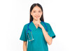 © Png - Video - Photo - Portrait of professional confident young asian female smiling doctor in green scrubs showing presenting finger to stop talking sign gesture silence and secret concept.