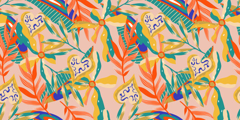 Wall Mural - Aesthetic boho jungle seamless pattern for print design. Boho botanical tropic floral background. Modern exotic floral jungle pattern. Geometric texture. Print design
