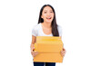 © Png - Video - Photo - Happy cute asian woman smiling and holding package online marketing and delivery Start a small business at home on white background, Delivery shipping service concept.