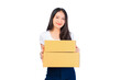 © Png - Video - Photo - Happy cute asian woman smiling and holding package online marketing and delivery Start a small business at home on white background, Delivery shipping service concept.