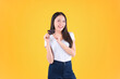 © Png - Video - Photo - Photo happy positive pretty asian woman smile showing, presenting credit card for payment or paying online business payment credit card for confident money and financial concepts yellow background.
