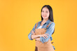 © Png - Video - Photo - pretty asian female smile coffee freelancer own shop ands point up and pose to copy space yellow background.