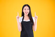 © Png - Video - Photo - pretty asian female smile wearing black apron show and present pointing fingers copy space for your advertisement yellow background.