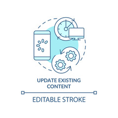 Update existing content turquoise concept icon. Upgrade information. Advanced SEO abstract idea thin line illustration. Isolated outline drawing. Editable stroke. Arial, Myriad Pro-Bold fonts used