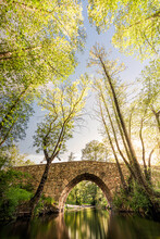 Roman Bridge Sieteiglesias, Madrid, Long Exposure Photograph Taken At Dusk. 