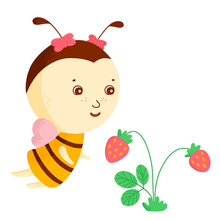 Cute Friendly Cartoon Bee Flying To The Strawberry. Insect Character. Vector Children Illustration.
