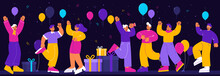 Happy People On Night Party With Big Gift Boxes, Confetti And Balloons. Vector Flat Illustration Of Friends Celebrate Birthday, Holiday And Have Fun Together On Black Background