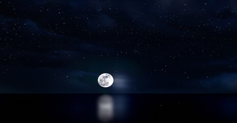 Wall Mural - full moon on dark blue starry sky milky way galaxy nebula nature landscape