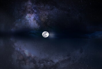 Wall Mural - full moon on dark blue starry sky milky way galaxy nebula nature landscape