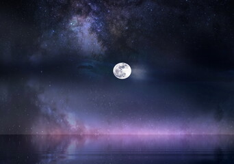 Wall Mural - full moon on dark blue starry sky milky way galaxy nebula nature landscape