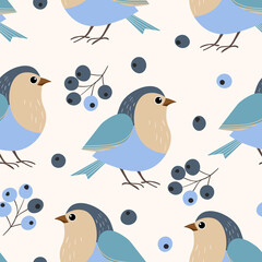 Naklejka na meble Seamless pattern with funny colorful birds, flowers, leaves and berries. Color flat vector illustration with little cartoon bird. Cute characters. Design for invitation, poster, card, textile, fabric
