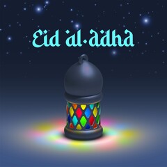 Wall Mural - Eid al Adha mubarak holiday Realistic 3d cartoon cute design. Celebrate mubarak in Islam Background crescent with multicolor lantern and night starry sky. Arabic calligraphy Eid al Adha Festive banner