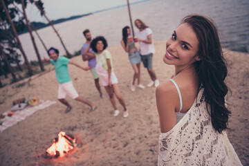 Poster - Photo of cheerful nice campfire evening gathering people dance wear casual outfit nature seaside beach outdoors