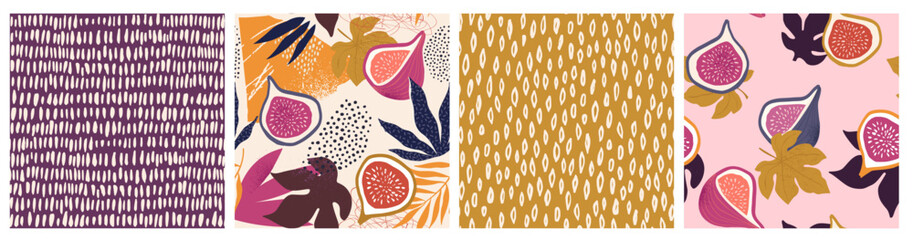 Tropical leaves and figs. Beautiful print with hand drawn exotic plants and dots. Fashion botanical fabric seamless pattern design.