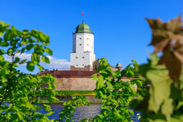 Poster - Medieval fortress in Vyborg. Castle on the water against the blue sky with green foliage