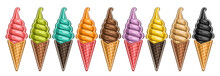 Vector Ice Cream Set, Lot Collection Of 9 Cut Out Different Illustrations Of Realistic Refreshing Ice Creams, Horizontal Banner With Colorful Twirl Icecreams In Waffle Cones In Row On White Background