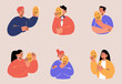 Sad people hold fake face masks with smiles. Vector flat illustration of unhappy men and women with positive masks use disguise for hide real emotions isolated on background