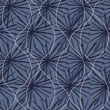 Dark Blue Line Black Flowers. Cute Seamless Pattern With White Doodle. Texture, Textiles, Children Wallpaper.