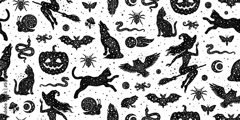 Halloween seamless pattern. Vector background with pumpkin cat witch ...