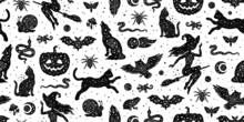 Halloween Seamless Pattern. Vector Background With Pumpkin Cat Witch Bat Spider. Cute Autumn Design. Black Spooky Wallpaper Illustration. Scary Holiday Horror Sketch Art. Magic Halloween Pattern Print