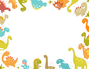 Wall Mural - Kids frame with cute Dinosaurs in cartoon style. Vector Illustration. Dino illustration for nursery design. Great for greeting card, childish diploma. Place for text.