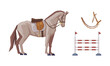 Equestrian Sport Items with Horse, Bridle and Barrier for Racing Vector Set