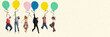 © Lustre Art Group  - Creative colorful design. Group of young stylish people cheerfully jumping with air balloons, having birthday party, celebration isolated over white background. Flyer