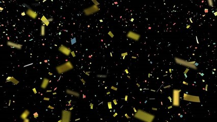 Poster - animation of falling colourful confetti over black background
