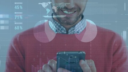Poster - Animation of financial data processing over caucasian men using smartphone
