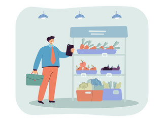 Sticker - Cartoon businessman with smartphone in grocery store. Man buying or ordering fruits and vegetable in shop flat vector illustration. Shopping, technology concept for banner or landing web page