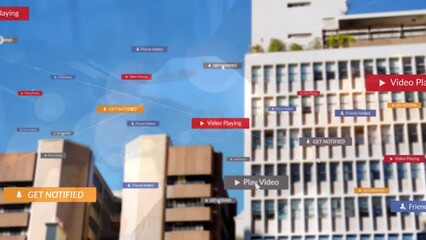 Poster - Animation of network of connections with icons over cityscape