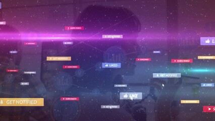 Poster - Animation of network of connections with icons over biracial woman using smartphone