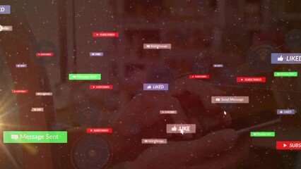 Poster - Animation of network of connections with icons over person using smartphone