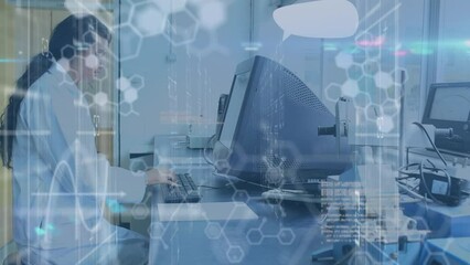 Poster - Animation of digital data processing over female scientist using computer