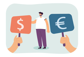 Poster - Human hands showing money signs to tiny investor. Man choosing dollar for investment flat vector illustration. Stock market, alternative choice concept for banner, website design or landing web page
