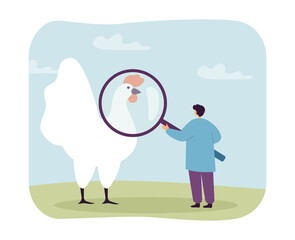 Poster - Man looking through magnifying glass at chicken. Tiny person holding magnifier for farm research flat vector illustration. Agriculture, analysis concept for banner, website design or landing web page