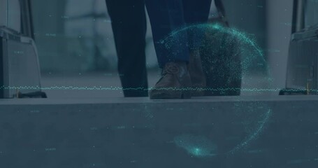 Poster - Animation of financial data and graphs over legs of diverse businesspeople on escalator
