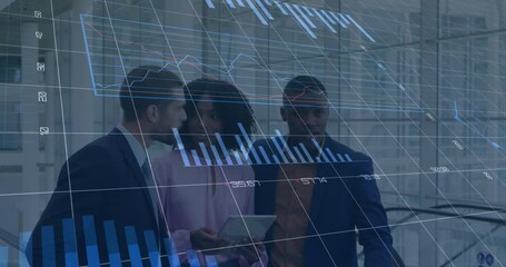 Poster - Animation of financial data and graphs over diverse businesspeople talking