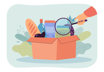 Poster - Hand holding magnifying glass to research food products. Person testing packaging and bottles flat vector illustration. Safety, nutrition concept for banner, website design or landing web page