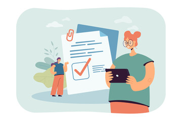 Poster - Woman using mobile app to fill out survey online. Tiny person standing near check mark on document flat vector illustration. Complete task concept for banner, website design or landing web page
