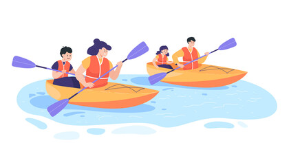 Poster - Parents kayaking with children on river or lake. Persons with kids rafting on kayaks with paddles or oars flat vector illustration. Family, summer, active lifestyle concept for banner, website design