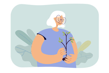 Poster - Elderly cartoon woman holding small tree. Female senior taking care of plant flat vector illustration. Growth, nature, life, age, time concept for banner, website design or landing web page