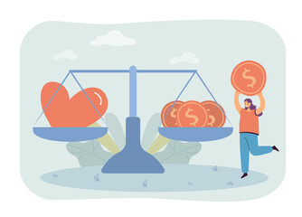 Aufkleber - happy girl and huge scales with heart and gold coins. balance between money and love, woman holding 