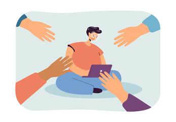 Poster - Hands reaching out to busy tiny office worker. Pressure of customers to tiny woman working with laptop flat vector illustration. Career, company concept for banner, website design or landing web page