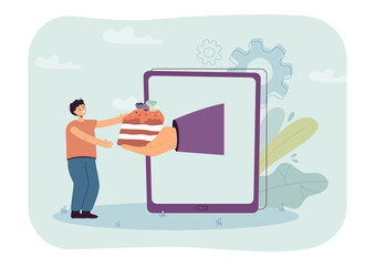 Poster - Hand coming out of tablet screen and giving piece of cake to boy. Tiny child getting sweet treat flat vector illustration. Dessert, online shopping, delivery service concept for banner, website design