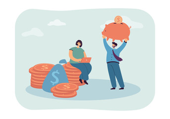 Poster - Tiny man and woman saving cash money in piggy bank. Girl sitting on coins, calculating budget flat vector illustration. Wealth, personal account concept for banner, website design or landing web page
