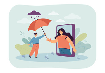 Poster - Woman holding out umbrella from phone screen to tiny girl. Female friend protecting from rain flat vector illustration. Friendly care and help concept for banner, website design or landing web page