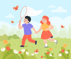 Wall Mural - Cartoon boy and girl catching butterflies together in garden. Lawn with beautiful flowers, children catching insects with ne flat vector illustration. Nature, spring, science concept for banner