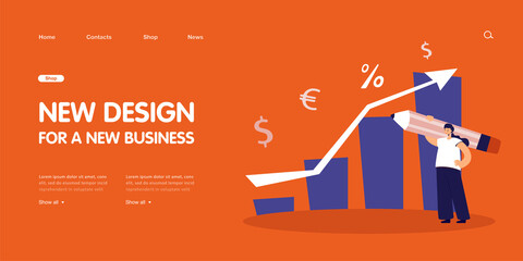 Poster - Profit graph growth and tiny analyst drawing arrows. Woman holding pencil flat vector illustration. Stock market analysis, investment success concept for banner, website design or landing web page